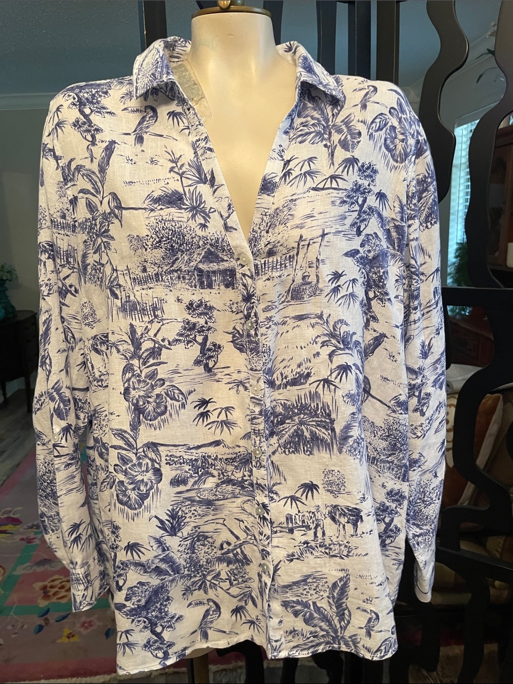 Joie Blue & White Printed Linen  Women's Tunic Shirt